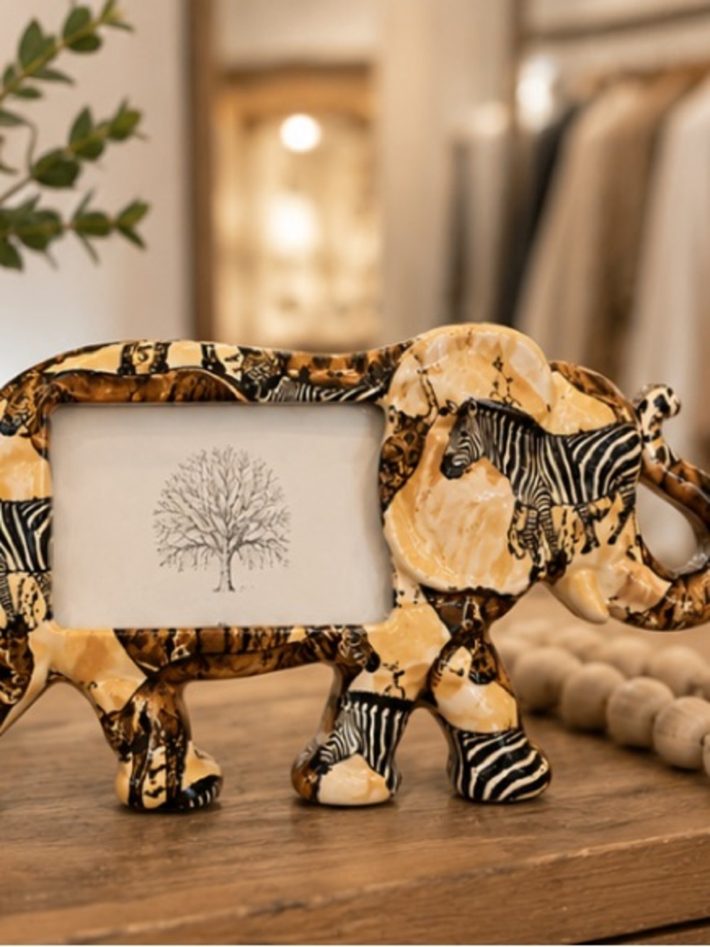 LaVie Ceramic Safari Elephant Picture Frame Zebra Print 3.5x5 Photo Holder 12.5”